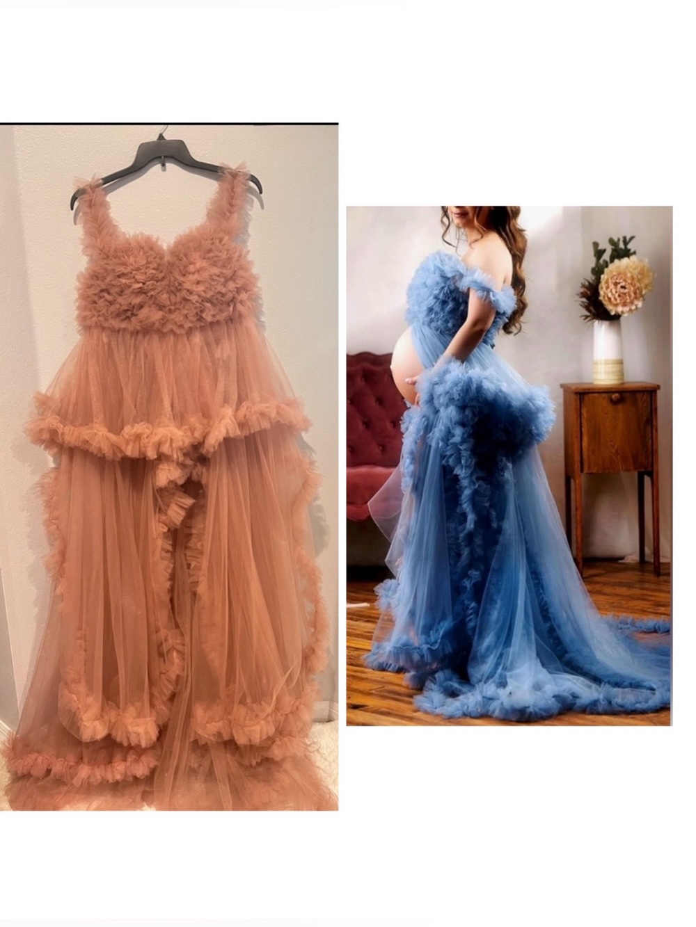 Off Shoulder Peach Robe for Photoshoot Tulle Puffy Ruffles Pregnancy Gown Sz XL